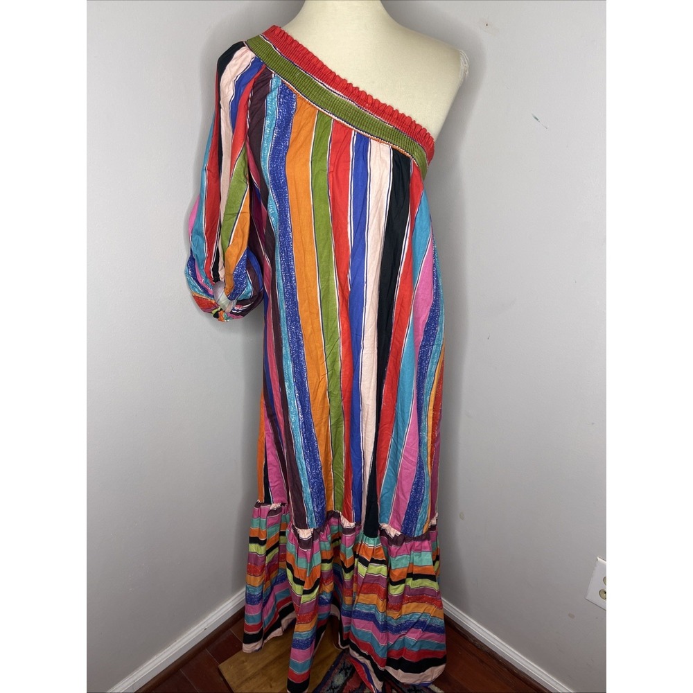 Farm Rio One Shoulder Multi-color Stripe Maxi Dress Medium M - Picture 1 of 9